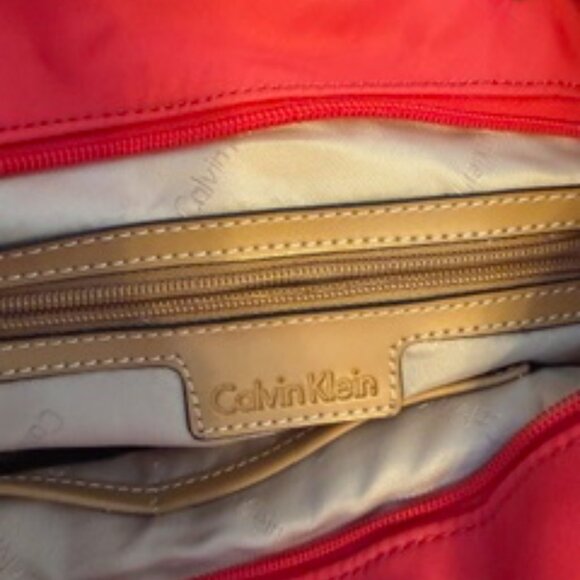 Calvin Klein Red Nylon Tote Bag with Gold-tone Hardware and Tan Handles